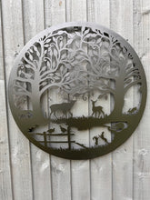 Laden Sie das Bild in den Galerie-Viewer, Handmade black 60cm wall plaque of Woodland animals Tree Wall Plaque, powder coated steel, Garden Wall Art
