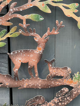Load image into Gallery viewer, Handmade rusty 60cm wall plaque of Woodland animals Tree Wall Plaque, Rusted Aged Metal with peeling coloured effect, Garden Wall Art
