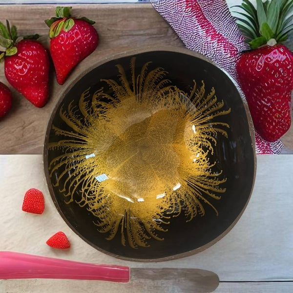 Handmade food safe hand painted gold large feather patterned coconut bowl and spoon Set eco-friendly with free bamboo straw and gift box - Marissa's Garden & Gift