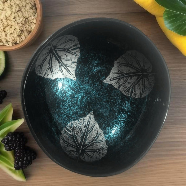 Handmade hand painted turquoise leaf design food safe coconut bowl and spoon Set with free gift bamboo straw and gift box