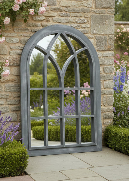 Belgravia Grey with white touch arched Outdoor/Indoor mirror measuring 76 x 51 x 4cm