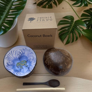 Handmade hand painted white and blue  with elephant  design food safe coconut bowl and spoon Set with free gift bamboo straw and gift box