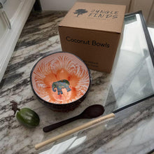 Indlæs billede til gallerivisning Handmade hand painted white and orange with elephant  design food safe coconut bowl and spoon Set with free gift bamboo straw and gift box
