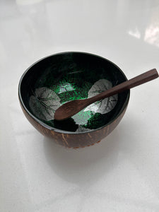 Handmade hand painted green leaf design food safe coconut bowl and spoon Set with free gift bamboo straw and gift box