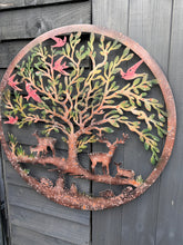 Indlæs billede til gallerivisning Handmade rusty 60cm wall plaque of Woodland animals Tree Wall Plaque, Rusted Aged Metal with peeling coloured effect, Garden Wall Art
