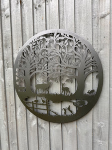 Handmade black 60cm wall plaque of Woodland animals Tree Wall Plaque, powder coated steel, Garden Wall Art