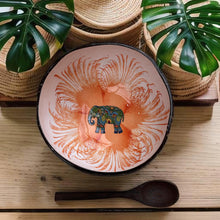 Indlæs billede til gallerivisning Handmade hand painted white and orange with elephant  design food safe coconut bowl and spoon Set with free gift bamboo straw and gift box
