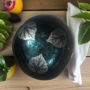 Handmade hand painted turquoise leaf design food safe coconut bowl and spoon Set with free gift bamboo straw and gift box