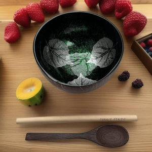Handmade hand painted green leaf design food safe coconut bowl and spoon Set with free gift bamboo straw and gift box