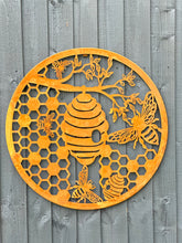 Indlæs billede til gallerivisning Handmade rusty 60cm rusty wall plaque of bees and honeycomb Tree Wall Plaque, rusty patina , Garden Wall Art
