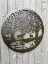 Load image into Gallery viewer, Handmade black 60cm wall plaque of Woodland animals Tree Wall Plaque, powder coated steel, Garden Wall Art
