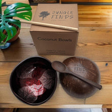 Indlæs billede til gallerivisning Handmade hand painted red leaf design food safe coconut bowl and spoon Set with free gift bamboo straw and gift box
