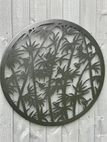 Handmade black 60cm wall plaque of birds wall with fern leaves plaque, powder coated  Metal, Garden/indoor Wall Art/ hand painted