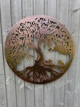 Charger l&#39;image dans la galerie, Bronze tree of life with roots with boxing hares wall art 60cm wall art suitable for indoors/outdoors birthday/anniversary gift
