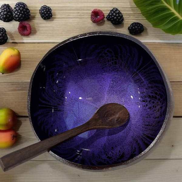 Handmade hand painted purple feather design food safe coconut bowl and spoon Set with free gift bamboo straw and gift box