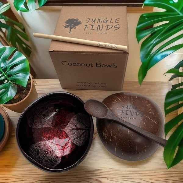 Handmade hand painted red leaf design food safe coconut bowl and spoon Set with free gift bamboo straw and gift box