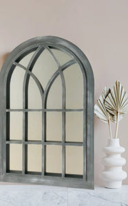 Belgravia Grey with white touch arched Outdoor/Indoor mirror measuring 76 x 51 x 4cm