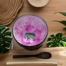 Laden Sie das Bild in den Galerie-Viewer, Handmade hand painted white and pink with elephant  design food safe coconut bowl and spoon Set with free gift bamboo straw and gift box
