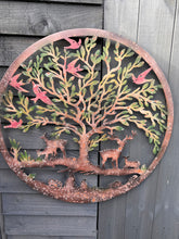 Load image into Gallery viewer, Handmade rusty 60cm wall plaque of Woodland animals Tree Wall Plaque, Rusted Aged Metal with peeling coloured effect, Garden Wall Art
