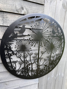 Handmade black  60cm wall plaque of blackbird birds Tree Wall Plaque, powder coated  Metal, Garden/indoor Wall Art/ hand painted