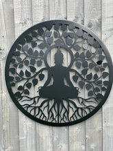 Laden Sie das Bild in den Galerie-Viewer, Handmade black 60cm budha tree of life with roots  wall art suitable for indoors/outdoors anniversary/birthday gift
