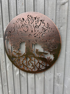 Handmade bronze  60cm wall plaque Tree of life with roots Wall Plaque with two foxes , powder coated steel Metal, Garden/indoor Wall Art