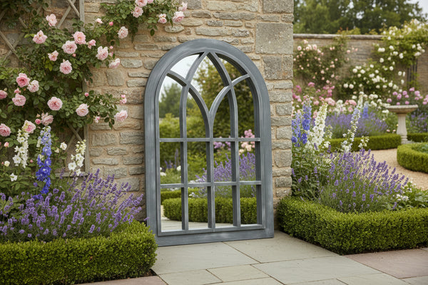 Belgravia Grey with white touch arched Outdoor/Indoor mirror measuring 76 x 51 x 4cm - Marissa's Garden & Gift