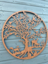 Laden Sie das Bild in den Galerie-Viewer, Handmade rusty 61.5cm wall plaque of Woodland animals Tree Wall Plaque, Rusted Aged Metal, Garden Wall Art
