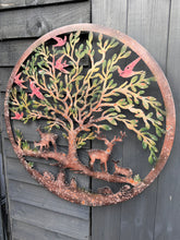 Afbeelding in Gallery-weergave laden, Handmade rusty 60cm wall plaque of Woodland animals Tree Wall Plaque, Rusted Aged Metal with peeling coloured effect, Garden Wall Art
