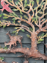 Afbeelding in Gallery-weergave laden, Handmade rusty 60cm wall plaque of Woodland animals Tree Wall Plaque, Rusted Aged Metal with peeling coloured effect, Garden Wall Art
