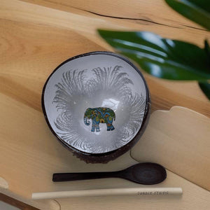 Handmade hand painted white and silver with elephant  design food safe coconut bowl and spoon Set with free gift bamboo straw and gift box