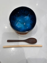 Load image into Gallery viewer, Handmade hand painted blue feather design food safe coconut bowl and spoon Set with free gift bamboo straw and gift box
