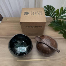 Indlæs billede til gallerivisning Handmade hand painted turquoise leaf design food safe coconut bowl and spoon Set with free gift bamboo straw and gift box
