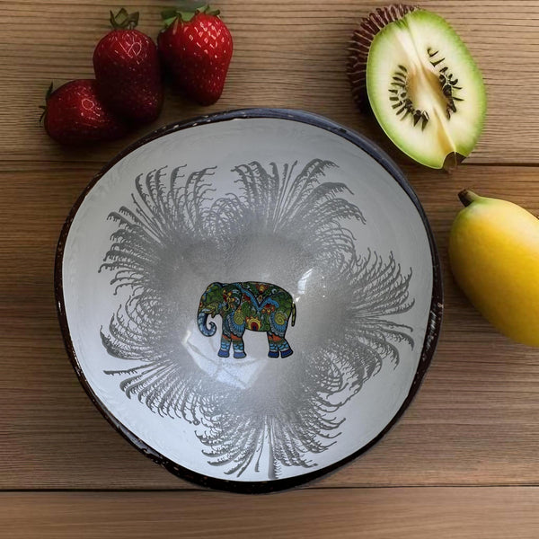 Handmade hand painted white and silver with elephant  design food safe coconut bowl and spoon Set with free gift bamboo straw and gift box - Marissa's Garden & Gift