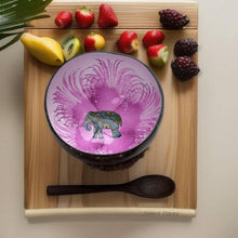 Charger l&#39;image dans la galerie, Handmade hand painted white and pink with elephant  design food safe coconut bowl and spoon Set with free gift bamboo straw and gift box
