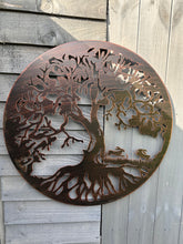 Laden Sie das Bild in den Galerie-Viewer, Bronze tree of life with roots with boxing hares wall art 60cm wall art suitable for indoors/outdoors birthday/anniversary gift
