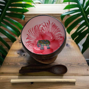 Handmade hand painted white and pink with elephant  design food safe coconut bowl and spoon Set with free gift bamboo straw and gift box