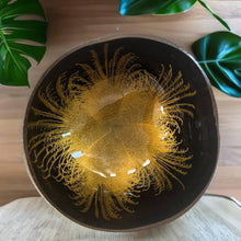 Load image into Gallery viewer, Handmade food safe hand painted gold large feather patterned coconut bowl and spoon Set eco-friendly with free bamboo straw and gift box
