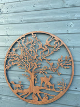 Load image into Gallery viewer, Handmade rusty 61.5cm wall plaque of Woodland animals Tree Wall Plaque, Rusted Aged Metal, Garden Wall Art
