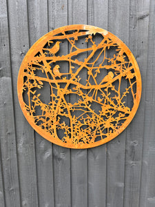 Handmade rusty 60cm wall plaque of blackbird, wren and hedgerow Wall Plaque, Rusted Aged Metal indoor/ outdoor Garden Wall Art