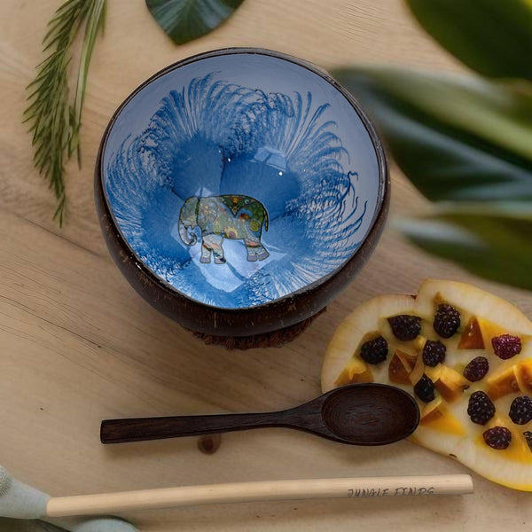 Handmade hand painted white & dark blue with elephant  design food safe coconut bowl and spoon Set with free gift bamboo straw and gift box