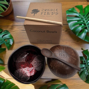 Handmade hand painted red leaf design food safe coconut bowl and spoon Set with free gift bamboo straw and gift box