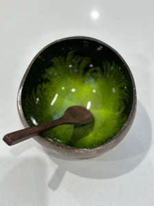 Handmade hand painted green feather design food safe coconut bowl and spoon Set with free gift bamboo straw and gift box