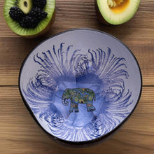 Laden Sie das Bild in den Galerie-Viewer, Handmade hand painted white and blue  with elephant  design food safe coconut bowl and spoon Set with free gift bamboo straw and gift box
