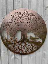 Indlæs billede til gallerivisning Handmade bronze  60cm wall plaque Tree of life with roots Wall Plaque with two foxes , powder coated steel Metal, Garden/indoor Wall Art
