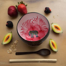 Laden Sie das Bild in den Galerie-Viewer, Handmade hand painted white and pink with elephant  design food safe coconut bowl and spoon Set with free gift bamboo straw and gift box

