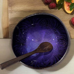 Handmade hand painted purple feather design food safe coconut bowl and spoon Set with free gift bamboo straw and gift box