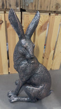 Load and play video in Gallery viewer, Large garden sculpture bronze hare looking left measuring 43cm
