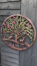 Indlæs og afspil video i gallerivisning Handmade rusty 60cm wall plaque of Woodland animals Tree Wall Plaque, Rusted Aged Metal with peeling coloured effect, Garden Wall Art
