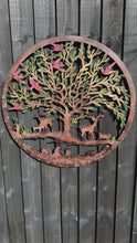 Load and play video in Gallery viewer, Handmade rusty 60cm wall plaque of Woodland animals Tree Wall Plaque, Rusted Aged Metal with peeling coloured effect, Garden Wall Art
